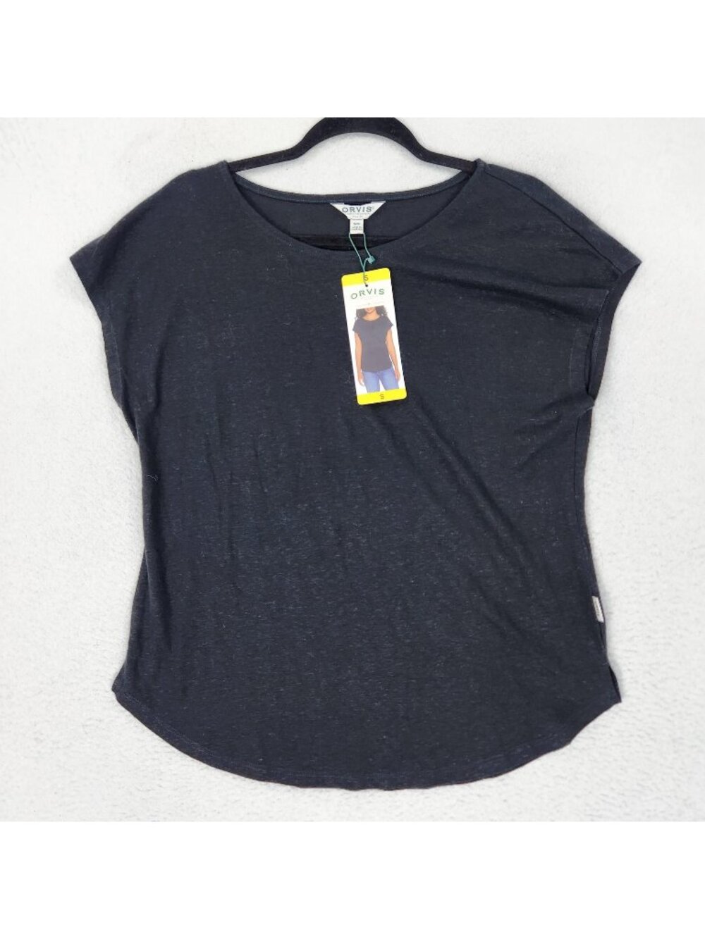 Orvis Shirt Womens Small Black Linen Blend Cap Sleeve Crew Neck Tee Top NEW